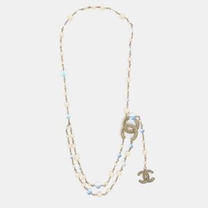 Chanel Gold Tone Multicolor Faux Pearl Cc Multi Layered Long Necklace